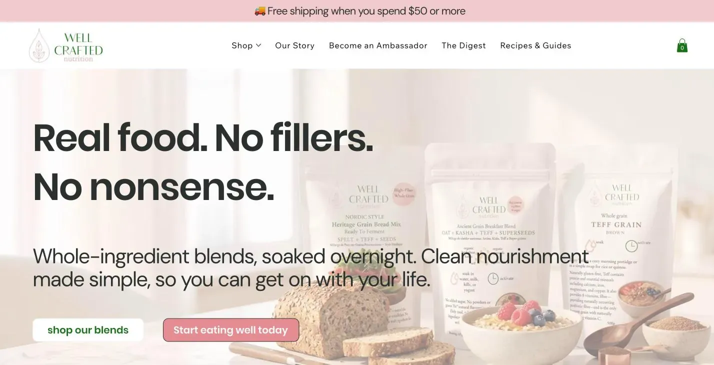 Well Crafted Nutrition website homepage, built by Brango